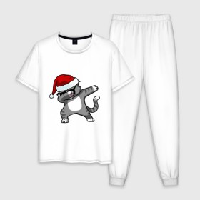 Мужская пижама хлопок с принтом DAB Cat Santa в Белгороде, 100% хлопок | брюки и футболка прямого кроя, без карманов, на брюках мягкая резинка на поясе и по низу штанин
 | Тематика изображения на принте: даб | кот | новогодний | рождество | шапка