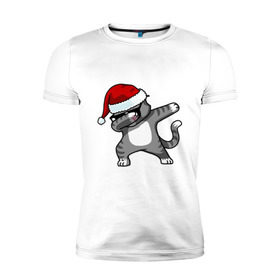 Мужская футболка премиум с принтом DAB Cat Santa в Белгороде, 92% хлопок, 8% лайкра | приталенный силуэт, круглый вырез ворота, длина до линии бедра, короткий рукав | Тематика изображения на принте: даб | кот | новогодний | рождество | шапка