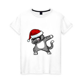 Женская футболка хлопок с принтом DAB Cat Santa в Белгороде, 100% хлопок | прямой крой, круглый вырез горловины, длина до линии бедер, слегка спущенное плечо | даб | кот | новогодний | рождество | шапка