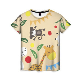 Женская футболка 3D с принтом Веселый зоопарк в Белгороде, 100% полиэфир ( синтетическое хлопкоподобное полотно) | прямой крой, круглый вырез горловины, длина до линии бедер | жираф | лошадь | мартышка | пони