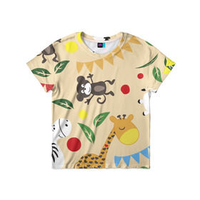 Детская футболка 3D с принтом Веселый зоопарк в Белгороде, 100% гипоаллергенный полиэфир | прямой крой, круглый вырез горловины, длина до линии бедер, чуть спущенное плечо, ткань немного тянется | Тематика изображения на принте: жираф | лошадь | мартышка | пони