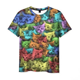 Мужская футболка 3D с принтом Разноцветные коты в Белгороде, 100% полиэфир | прямой крой, круглый вырез горловины, длина до линии бедер | котенок | котик | котята | кошка | кошки | паттерн