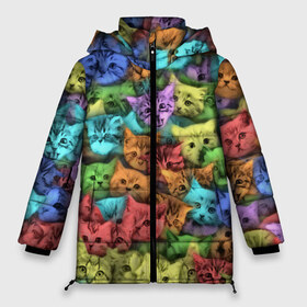 Женская зимняя куртка 3D с принтом Разноцветные коты в Белгороде, верх — 100% полиэстер; подкладка — 100% полиэстер; утеплитель — 100% полиэстер | длина ниже бедра, силуэт Оверсайз. Есть воротник-стойка, отстегивающийся капюшон и ветрозащитная планка. 

Боковые карманы с листочкой на кнопках и внутренний карман на молнии | котенок | котик | котята | кошка | кошки | паттерн