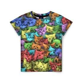 Детская футболка 3D с принтом Разноцветные коты в Белгороде, 100% гипоаллергенный полиэфир | прямой крой, круглый вырез горловины, длина до линии бедер, чуть спущенное плечо, ткань немного тянется | котенок | котик | котята | кошка | кошки | паттерн