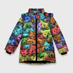 Зимняя куртка для девочек 3D с принтом Разноцветные коты в Белгороде, ткань верха — 100% полиэстер; подклад — 100% полиэстер, утеплитель — 100% полиэстер. | длина ниже бедра, удлиненная спинка, воротник стойка и отстегивающийся капюшон. Есть боковые карманы с листочкой на кнопках, утяжки по низу изделия и внутренний карман на молнии. 

Предусмотрены светоотражающий принт на спинке, радужный светоотражающий элемент на пуллере молнии и на резинке для утяжки. | котенок | котик | котята | кошка | кошки | паттерн
