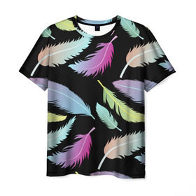 Мужская футболка 3D с принтом Радужные перья в Белгороде, 100% полиэфир | прямой крой, круглый вырез горловины, длина до линии бедер | арт | белый | мульт | новинки | прикольный | птица | рисунок | сова | филин | черный
