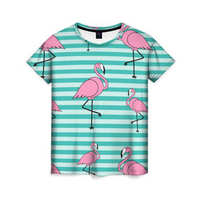 Женская футболка 3D с принтом Фламинго в Белгороде, 100% полиэфир ( синтетическое хлопкоподобное полотно) | прямой крой, круглый вырез горловины, длина до линии бедер | арт | белый | дикий | мульт | птица | рисунок | фламинго | черный