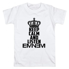 Мужская футболка хлопок с принтом Keep calm and listen Eminem в Белгороде, 100% хлопок | прямой крой, круглый вырез горловины, длина до линии бедер, слегка спущенное плечо. | eminem | hip hop | hiphop | mc | rap | брюс | еменем | еминем | маршалл | мс | мэтерс | реп | репер | рэп | рэпер | хип | хипхоп | хоп | эменем | эминем