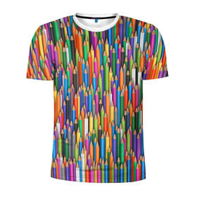Мужская футболка 3D спортивная с принтом Разноцветные карандаши в Белгороде, 100% полиэстер с улучшенными характеристиками | приталенный силуэт, круглая горловина, широкие плечи, сужается к линии бедра | дизайнер | карандаш | палитра | паттерн | радуга | рисование | рисунок | художник | цвет | цветной | школа