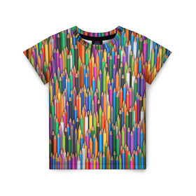 Детская футболка 3D с принтом Разноцветные карандаши в Белгороде, 100% гипоаллергенный полиэфир | прямой крой, круглый вырез горловины, длина до линии бедер, чуть спущенное плечо, ткань немного тянется | дизайнер | карандаш | палитра | паттерн | радуга | рисование | рисунок | художник | цвет | цветной | школа