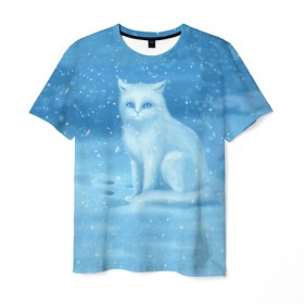 Мужская футболка 3D с принтом Зимний котик в Белгороде, 100% полиэфир | прямой крой, круглый вырез горловины, длина до линии бедер | 