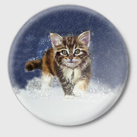 Значок с принтом Зимний котик в Белгороде,  металл | круглая форма, металлическая застежка в виде булавки | Тематика изображения на принте: зима | кот | котенок | кошка | новый год | снег | снежинка | снежок