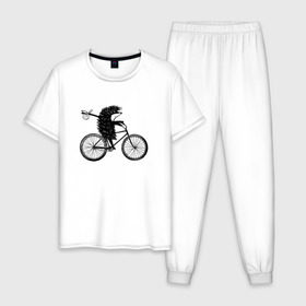 Мужская пижама хлопок с принтом Ежик на велосипеде в Белгороде, 100% хлопок | брюки и футболка прямого кроя, без карманов, на брюках мягкая резинка на поясе и по низу штанин
 | велосипед | ежик