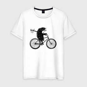 Мужская футболка хлопок с принтом Ежик на велосипеде в Белгороде, 100% хлопок | прямой крой, круглый вырез горловины, длина до линии бедер, слегка спущенное плечо. | велосипед | ежик