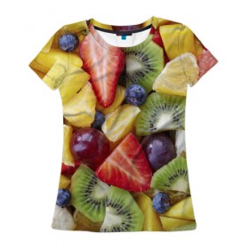 Женская футболка 3D с принтом Фруктовое ассорти в Белгороде, 100% полиэфир ( синтетическое хлопкоподобное полотно) | прямой крой, круглый вырез горловины, длина до линии бедер | витамины | еда | клубника | лимон | малина | овощи | фрукты | цвета | яблоко | яркие