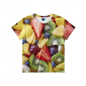 Детская футболка 3D с принтом Фруктовое ассорти в Белгороде, 100% гипоаллергенный полиэфир | прямой крой, круглый вырез горловины, длина до линии бедер, чуть спущенное плечо, ткань немного тянется | витамины | еда | клубника | лимон | малина | овощи | фрукты | цвета | яблоко | яркие