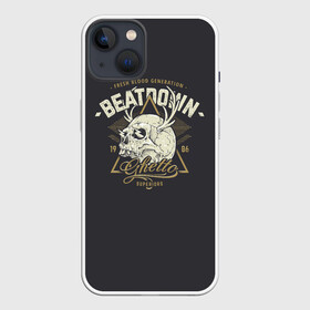 Чехол для iPhone 13 с принтом Beatdown Ghetto 1986 в Белгороде,  |  | bones | gothic | grunge | horns | lightning | rock and roll | skeleton | skull | tattoo | готика | гранж | кости | молнии | рога | рок н ролл | скелет | тату | череп