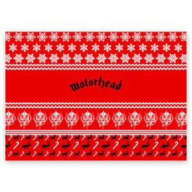 Поздравительная открытка с принтом Праздничный Motrhead в Белгороде, 100% бумага | плотность бумаги 280 г/м2, матовая, на обратной стороне линовка и место для марки
 | Тематика изображения на принте: larry wallis | lucas fox | motorhead | motrhead | группа | знак | красный | кэмпбелл | лемми | метал | микки ди | моторхед | надпись | новогодний | новый год | праздник | рождество | рок | снежинки | тейлор | фил | хард