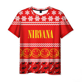 Мужская футболка 3D с принтом Праздничный Nirvana в Белгороде, 100% полиэфир | прямой крой, круглый вырез горловины, длина до линии бедер | cobain | kurt | nirvana | альтернативный | гранж | группа | дональд | знак | кобейн | красный | курт | музыка | музыкант | надпись | нервана | нирвана | новогодний | новоселич | новый год | певец | праздник