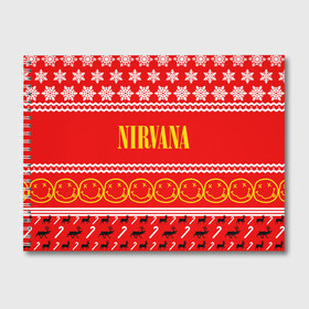 Альбом для рисования с принтом Праздничный Nirvana в Белгороде, 100% бумага
 | матовая бумага, плотность 200 мг. | Тематика изображения на принте: cobain | kurt | nirvana | альтернативный | гранж | группа | дональд | знак | кобейн | красный | курт | музыка | музыкант | надпись | нервана | нирвана | новогодний | новоселич | новый год | певец | праздник