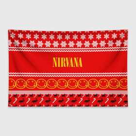Флаг-баннер с принтом Праздничный Nirvana в Белгороде, 100% полиэстер | размер 67 х 109 см, плотность ткани — 95 г/м2; по краям флага есть четыре люверса для крепления | cobain | kurt | nirvana | альтернативный | гранж | группа | дональд | знак | кобейн | красный | курт | музыка | музыкант | надпись | нервана | нирвана | новогодний | новоселич | новый год | певец | праздник