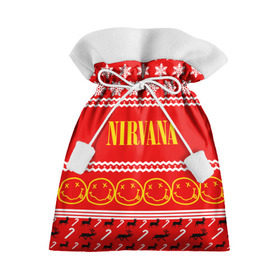 Подарочный 3D мешок с принтом Праздничный Nirvana в Белгороде, 100% полиэстер | Размер: 29*39 см | cobain | kurt | nirvana | альтернативный | гранж | группа | дональд | знак | кобейн | красный | курт | музыка | музыкант | надпись | нервана | нирвана | новогодний | новоселич | новый год | певец | праздник