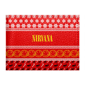Обложка для студенческого билета с принтом Праздничный Nirvana в Белгороде, натуральная кожа | Размер: 11*8 см; Печать на всей внешней стороне | cobain | kurt | nirvana | альтернативный | гранж | группа | дональд | знак | кобейн | красный | курт | музыка | музыкант | надпись | нервана | нирвана | новогодний | новоселич | новый год | певец | праздник