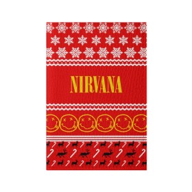 Обложка для паспорта матовая кожа с принтом Праздничный Nirvana в Белгороде, натуральная матовая кожа | размер 19,3 х 13,7 см; прозрачные пластиковые крепления | Тематика изображения на принте: cobain | kurt | nirvana | альтернативный | гранж | группа | дональд | знак | кобейн | красный | курт | музыка | музыкант | надпись | нервана | нирвана | новогодний | новоселич | новый год | певец | праздник