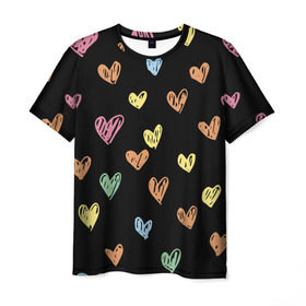 Мужская футболка 3D с принтом Разноцветные сердечки в Белгороде, 100% полиэфир | прямой крой, круглый вырез горловины, длина до линии бедер | 14 | love | валентин | губы | день | любовь | подарок | поцелуй | сердце | страсть | февраль