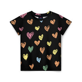 Детская футболка 3D с принтом Разноцветные сердечки в Белгороде, 100% гипоаллергенный полиэфир | прямой крой, круглый вырез горловины, длина до линии бедер, чуть спущенное плечо, ткань немного тянется | Тематика изображения на принте: 14 | love | валентин | губы | день | любовь | подарок | поцелуй | сердце | страсть | февраль