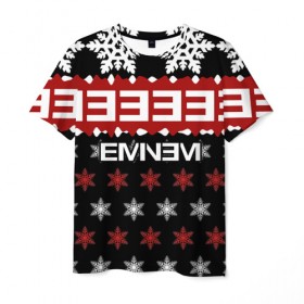 Мужская футболка 3D с принтом Праздничный Eminem в Белгороде, 100% полиэфир | прямой крой, круглый вырез горловины, длина до линии бедер | hip hop | hiphop | mc | rap | брюс | еменем | еминем | зачитал | знак | красный | маршалл | мс | мэтерс | надпись | новогодний | новый год | праздник | реп | репер | речитатив | рождество | рэп | рэпер | снежинки | хип