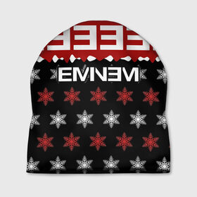 Шапка 3D с принтом Праздничный Eminem в Белгороде, 100% полиэстер | универсальный размер, печать по всей поверхности изделия | Тематика изображения на принте: hip hop | hiphop | mc | rap | брюс | еменем | еминем | зачитал | знак | красный | маршалл | мс | мэтерс | надпись | новогодний | новый год | праздник | реп | репер | речитатив | рождество | рэп | рэпер | снежинки | хип