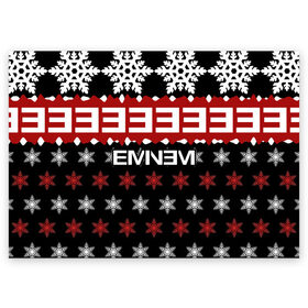 Поздравительная открытка с принтом Праздничный Eminem в Белгороде, 100% бумага | плотность бумаги 280 г/м2, матовая, на обратной стороне линовка и место для марки
 | hip hop | hiphop | mc | rap | брюс | еменем | еминем | зачитал | знак | красный | маршалл | мс | мэтерс | надпись | новогодний | новый год | праздник | реп | репер | речитатив | рождество | рэп | рэпер | снежинки | хип