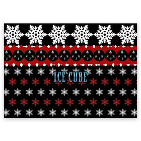 Поздравительная открытка с принтом Праздничный Ice Cube в Белгороде, 100% бумага | плотность бумаги 280 г/м2, матовая, на обратной стороне линовка и место для марки
 | hip hop | hiphop | ice cube | mc | n.w.a | rap | айс | джексон | западное по | знак | красный | куб | кубе | кубик льда | кьюб | мс | надпись | новогодний | новый год | о ши | оши | праздник | реп | репер | речитатив | рождество