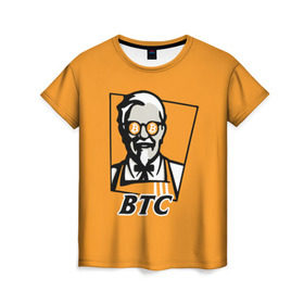 Женская футболка 3D с принтом BITCOIN в стиле KFC в Белгороде, 100% полиэфир ( синтетическое хлопкоподобное полотно) | прямой крой, круглый вырез горловины, длина до линии бедер | bitcoin | btc | crypto | kfc | биткоин | валюта | деньги | криптовалюта | цифровое золото
