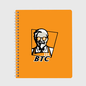 Тетрадь с принтом BITCOIN в стиле KFC в Белгороде, 100% бумага | 48 листов, плотность листов — 60 г/м2, плотность картонной обложки — 250 г/м2. Листы скреплены сбоку удобной пружинной спиралью. Уголки страниц и обложки скругленные. Цвет линий — светло-серый
 | Тематика изображения на принте: bitcoin | btc | crypto | kfc | биткоин | валюта | деньги | криптовалюта | цифровое золото
