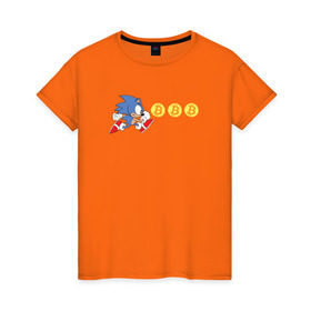 Женская футболка хлопок с принтом Соник в Белгороде, 100% хлопок | прямой крой, круглый вырез горловины, длина до линии бедер, слегка спущенное плечо | bitcoin | sonic | биткоин | деньги | соник