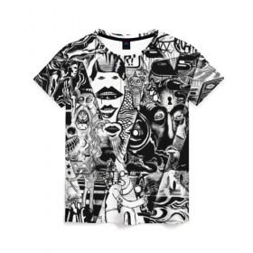 Женская футболка 3D с принтом Стикербомбинг NEW искусство в Белгороде, 100% полиэфир ( синтетическое хлопкоподобное полотно) | прямой крой, круглый вырез горловины, длина до линии бедер | искусство | стикер | стикербомбинг | чб | чернобелый