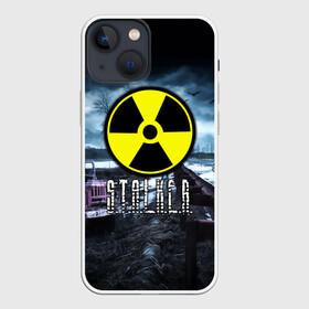 Чехол для iPhone 13 mini с принтом S.T.A.L.K.E.R. в Белгороде,  |  | stalker | буквы | волки | грузовик | зил | знак | игра | ммо | мрак | мрачный | надпись | опасность | припять | птицы | радиация | рпг | сталкер | фон | чернобыль | шутер