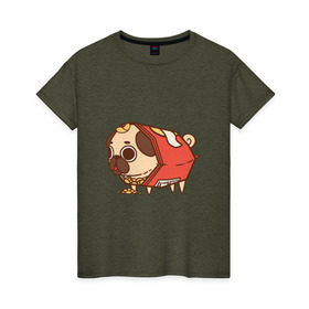 Женская футболка хлопок с принтом мопс-чипсы в Белгороде, 100% хлопок | прямой крой, круглый вырез горловины, длина до линии бедер, слегка спущенное плечо | Тематика изображения на принте: dog | pug | мопс | собака