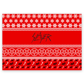 Поздравительная открытка с принтом Праздничный Slayer в Белгороде, 100% бумага | плотность бумаги 280 г/м2, матовая, на обратной стороне линовка и место для марки
 | slayer | группа | гэри холт | знак | керри кинг | красный | метал | музыка | надпись | новогодний | новый год | песни | пол бостаф | праздник | рождество | рок | слаер | слайер | слеар | слеер | слейр | слеяр