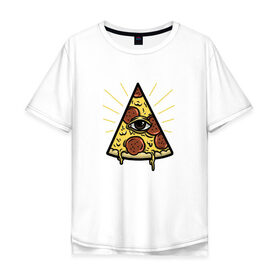 Мужская футболка хлопок Oversize с принтом Божественная пицца в Белгороде, 100% хлопок | свободный крой, круглый ворот, “спинка” длиннее передней части | Тематика изображения на принте: вкусняшка | глаз | еда | пицца | фаст фуд | хавчик