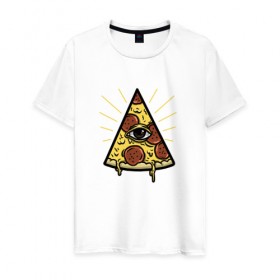 Мужская футболка хлопок с принтом Божественная пицца в Белгороде, 100% хлопок | прямой крой, круглый вырез горловины, длина до линии бедер, слегка спущенное плечо. | вкусняшка | глаз | еда | пицца | фаст фуд | хавчик