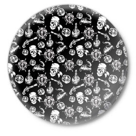 Значок с принтом Pirates Pattern в Белгороде,  металл | круглая форма, металлическая застежка в виде булавки | паттерн | пиратский | пираты | черно белый