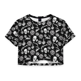 Женская футболка 3D укороченная с принтом Pirates Pattern в Белгороде, 100% полиэстер | круглая горловина, длина футболки до линии талии, рукава с отворотами | паттерн | пиратский | пираты | черно белый