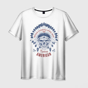 Мужская футболка 3D с принтом Native American в Белгороде, 100% полиэфир | прямой крой, круглый вырез горловины, длина до линии бедер | america | chieftain | feathers | indian | native american | skeleton | skull | tattoo | америка | американец | вождь | индеец | перья | скелет | тату | череп