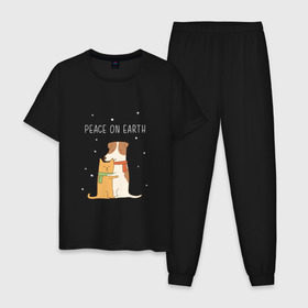 Мужская пижама хлопок с принтом Кот и пес в Белгороде, 100% хлопок | брюки и футболка прямого кроя, без карманов, на брюках мягкая резинка на поясе и по низу штанин
 | год собаки | котик | мемес | москва | новый год | россия | собака