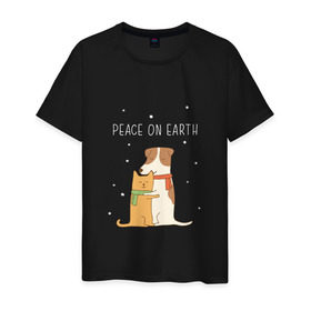Мужская футболка хлопок с принтом Кот и пес в Белгороде, 100% хлопок | прямой крой, круглый вырез горловины, длина до линии бедер, слегка спущенное плечо. | год собаки | котик | мемес | москва | новый год | россия | собака