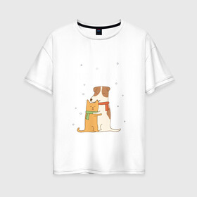 Женская футболка хлопок Oversize с принтом Кот и пес в Белгороде, 100% хлопок | свободный крой, круглый ворот, спущенный рукав, длина до линии бедер
 | год собаки | котик | мемес | москва | новый год | россия | собака