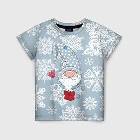 Детская футболка 3D с принтом Милый гномик в Белгороде, 100% гипоаллергенный полиэфир | прямой крой, круглый вырез горловины, длина до линии бедер, чуть спущенное плечо, ткань немного тянется | happy new year | волшебство | гном | гномик | новый год | снег | снежинки